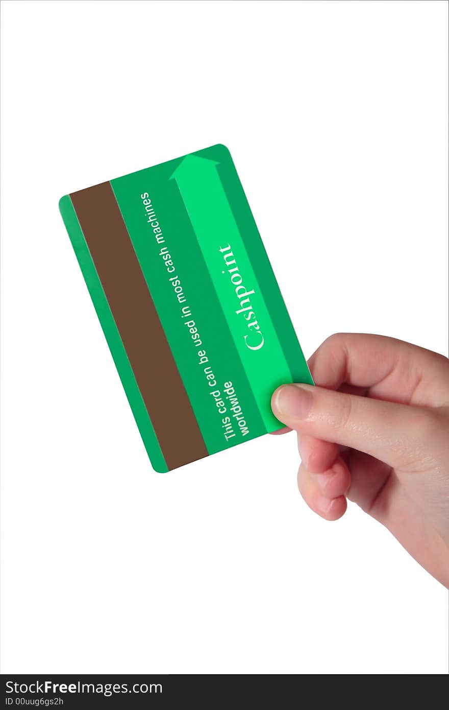 A child holding a credit card (made up fake card ) with clipping path. A child holding a credit card (made up fake card ) with clipping path