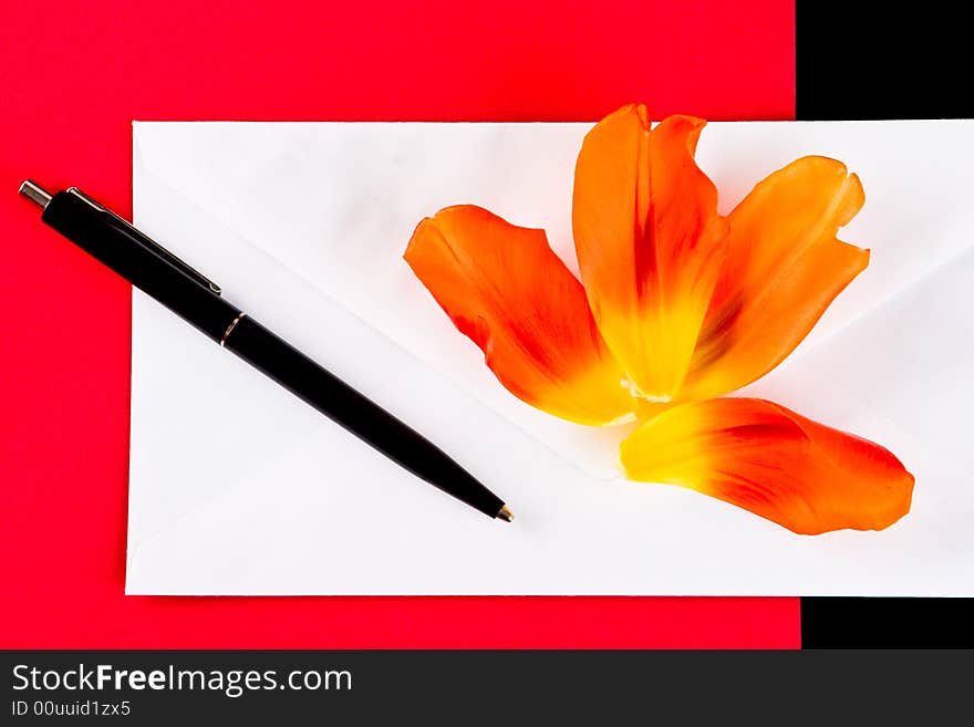 Petals, pen and an envelope on a red background