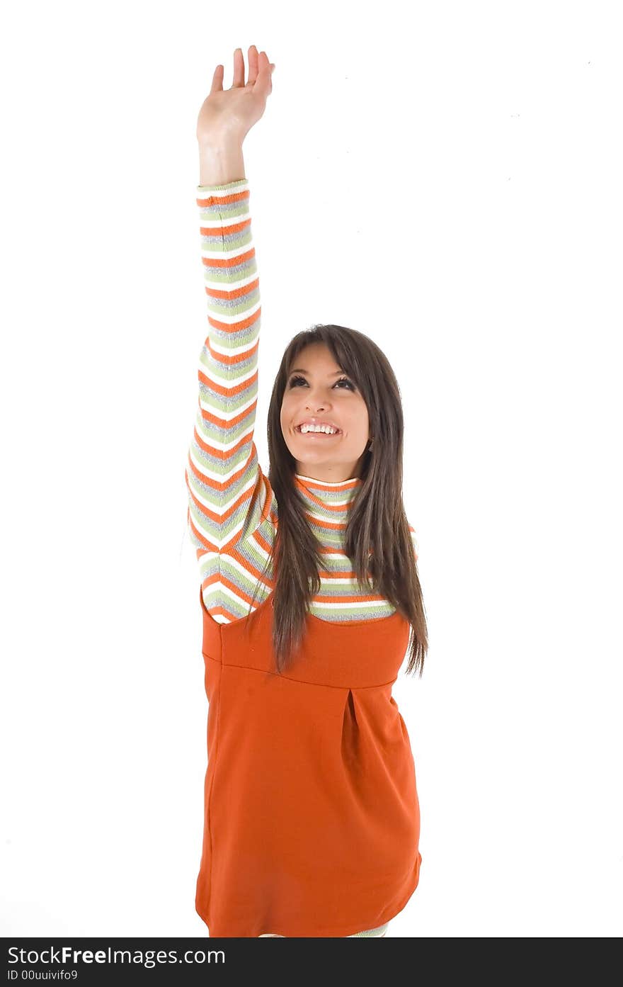 Young brunette girl in orange dress.