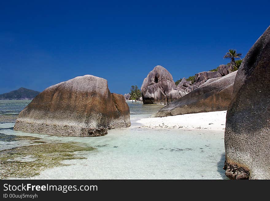 Great stones on the beach of theLa Digue island