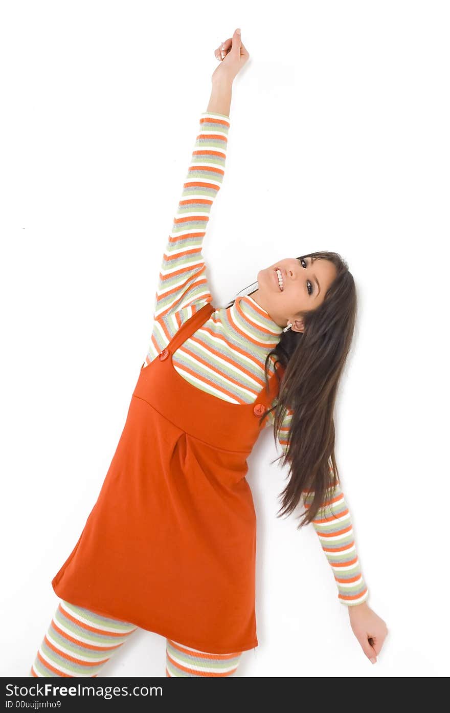 Young brunette girl in orange dress.