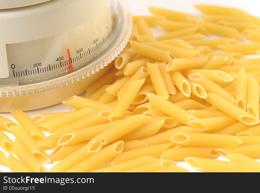 Italian penne pasta with a white balance