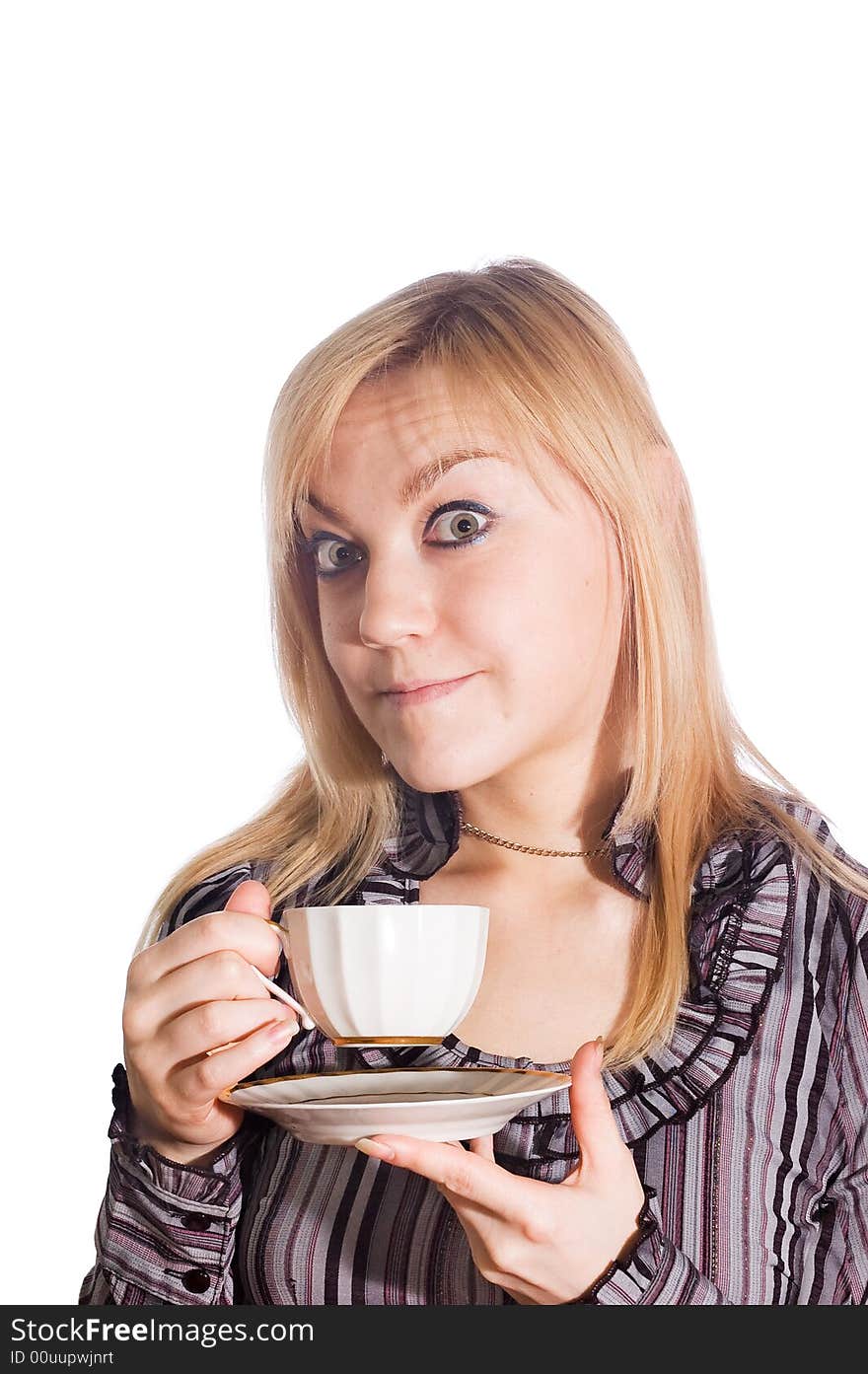 Girl on the white fon with cup of coffee in the hands. Girl on the white fon with cup of coffee in the hands