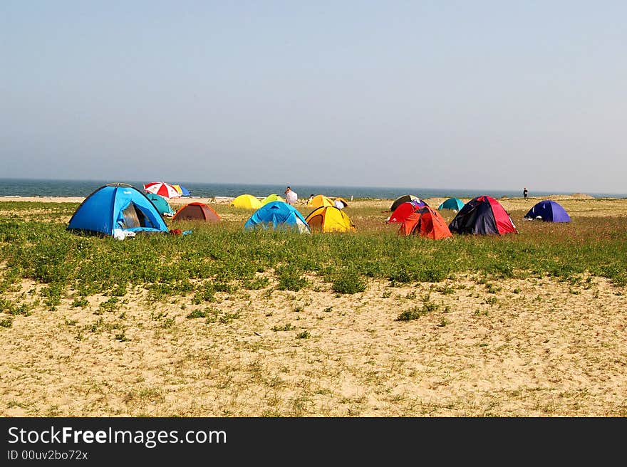 Many people camping on the grassland,near the sea. Many people camping on the grassland,near the sea