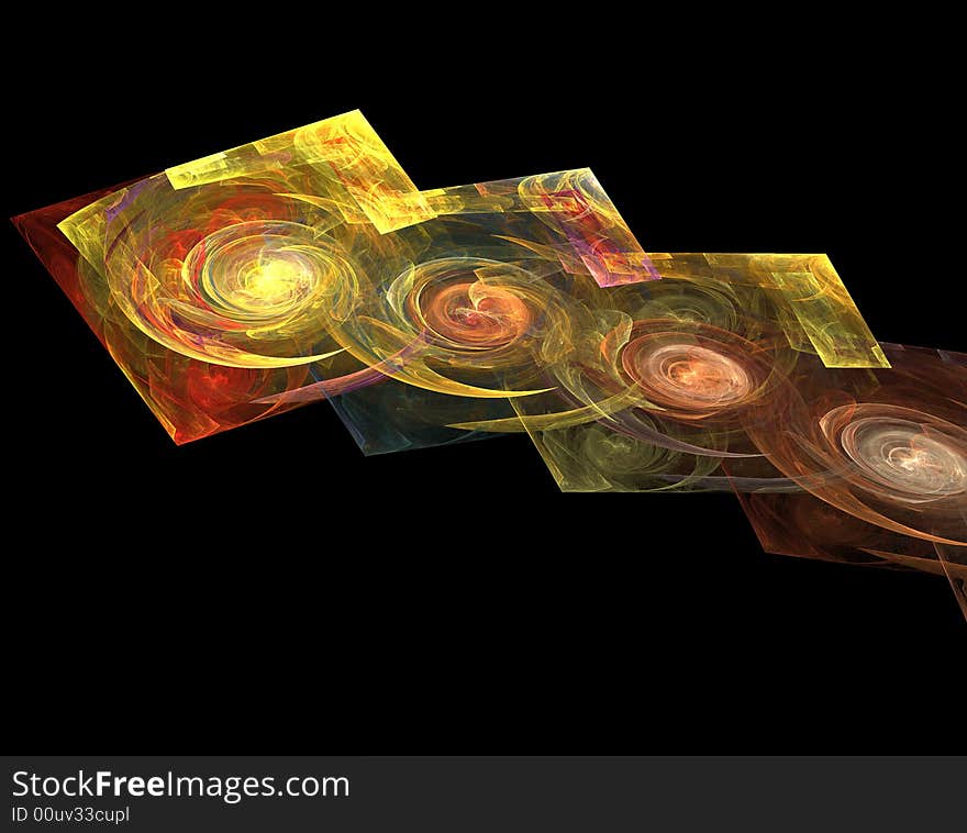 A set of flying fractal squares with swirls like spiral galaxies inside. A set of flying fractal squares with swirls like spiral galaxies inside.