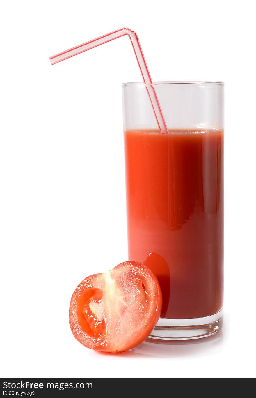 Tomatoes and juice on a white background