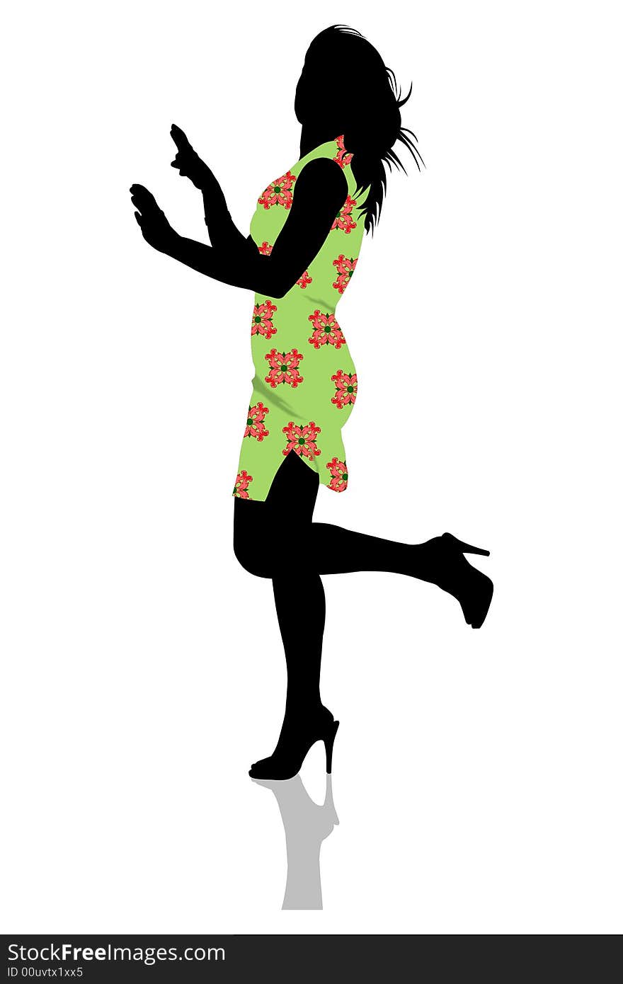 A woman in green floral dress on white background. A woman in green floral dress on white background