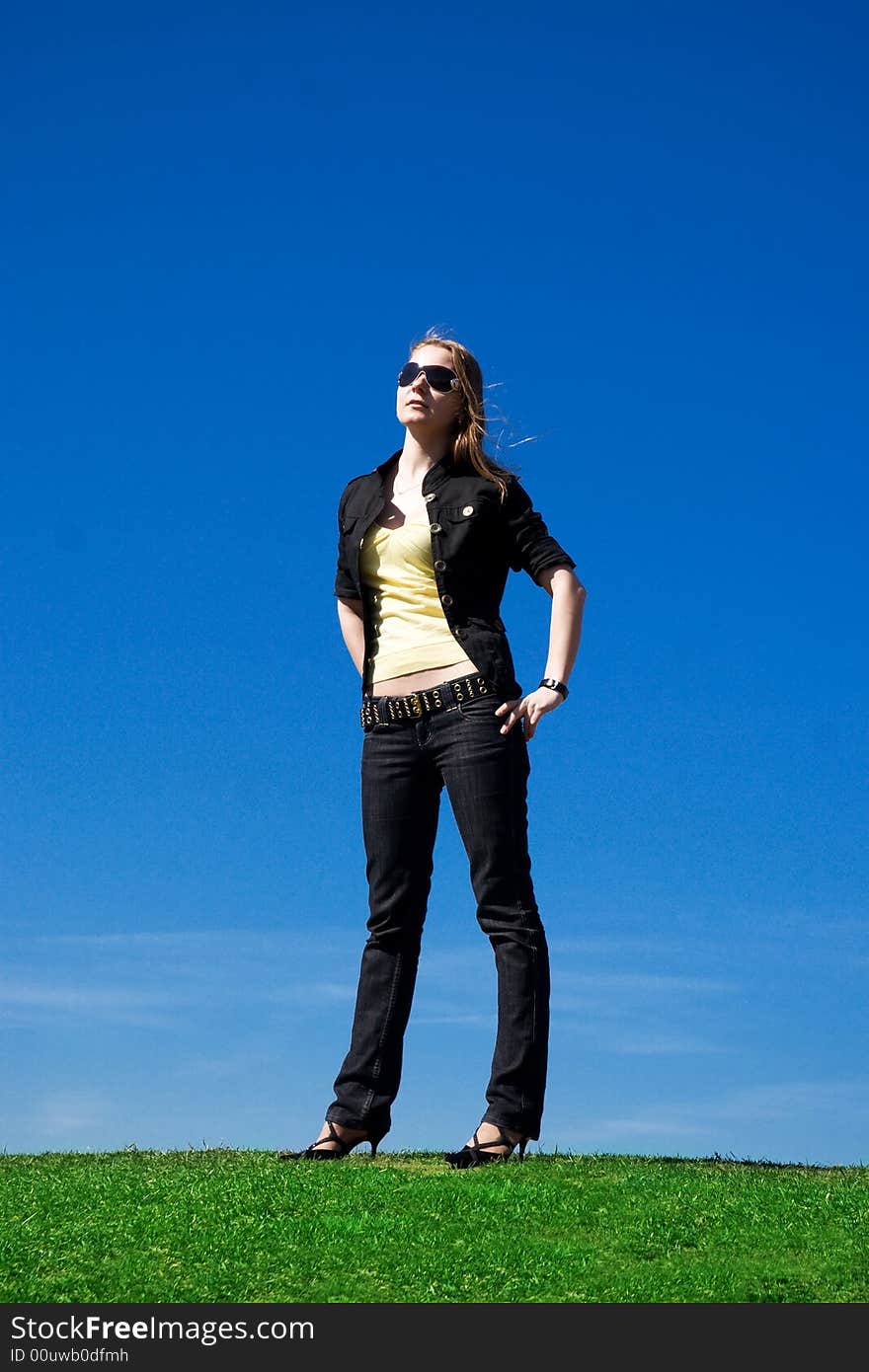 The young attractive girl on a background of the blue sky