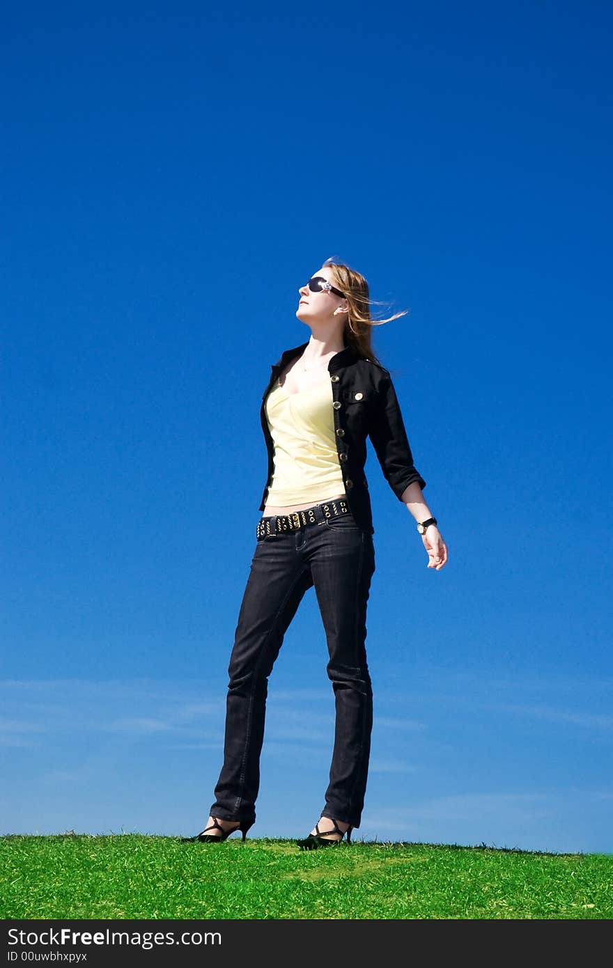 The young attractive girl on a background of the blue sky