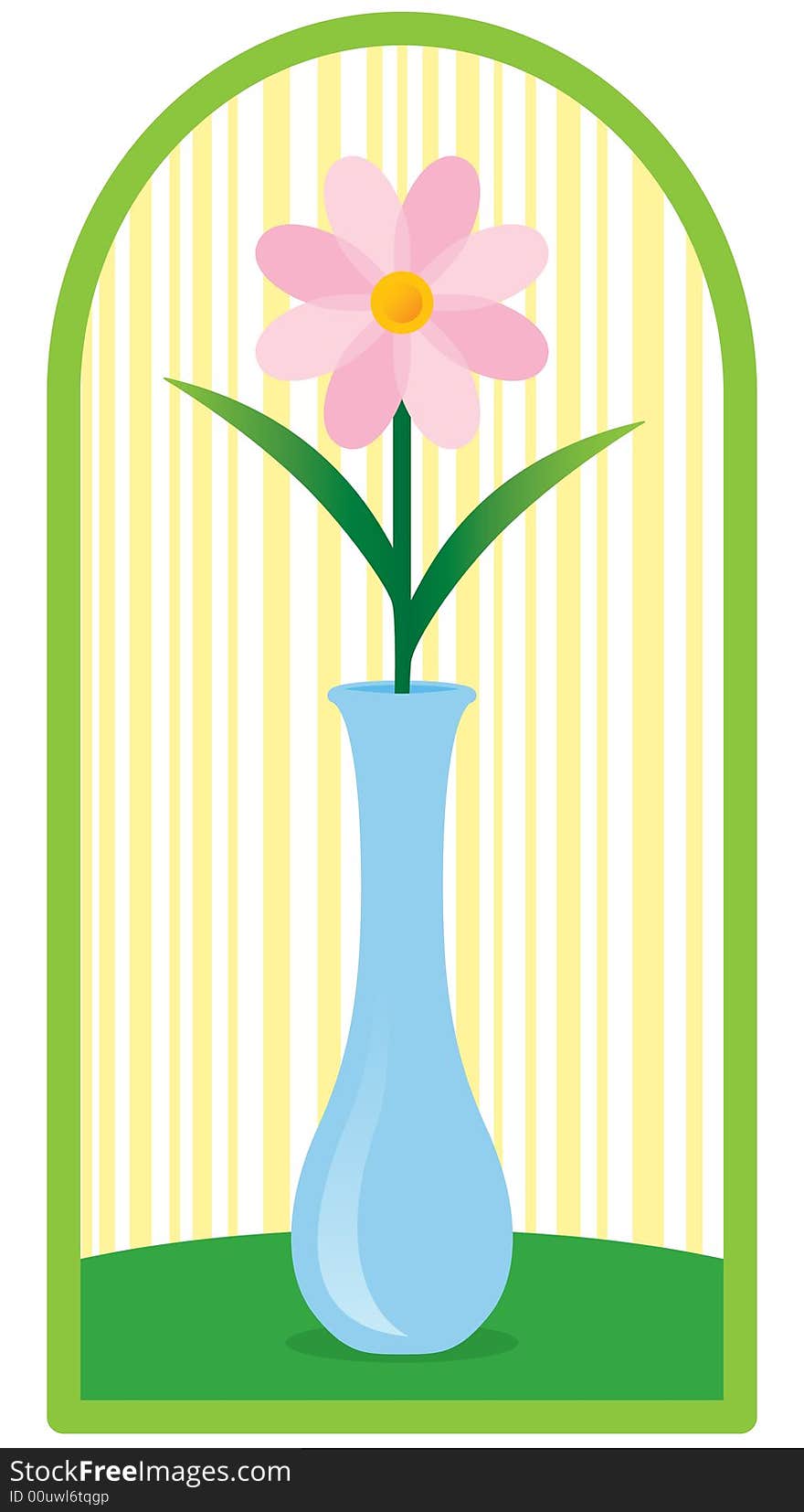 An illustration of a single pink daisy type flower in a blue bud vase sitting on a green table. It is within a green frame with yellow stripes on solid white fill. EPS8 vector file also available. An illustration of a single pink daisy type flower in a blue bud vase sitting on a green table. It is within a green frame with yellow stripes on solid white fill. EPS8 vector file also available.