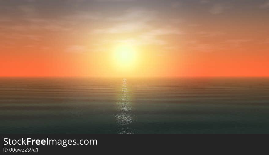 3-d illustration of sunset in ocean. 3-d illustration of sunset in ocean.