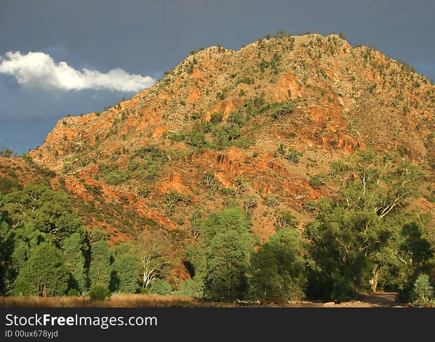 Australian red rock hill covered with typical plants. South Australia. Australian red rock hill covered with typical plants. South Australia