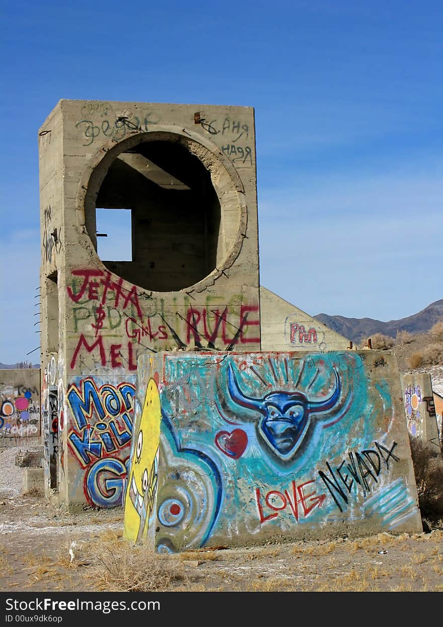 Image of some abandoned concrete structures covered with graffiti - northern Nevada. Image of some abandoned concrete structures covered with graffiti - northern Nevada