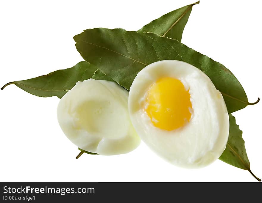 Isolated egg and the bay leafes. Isolated egg and the bay leafes