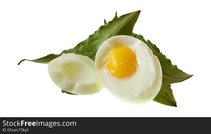 Isolated egg and the bay leafes. Isolated egg and the bay leafes