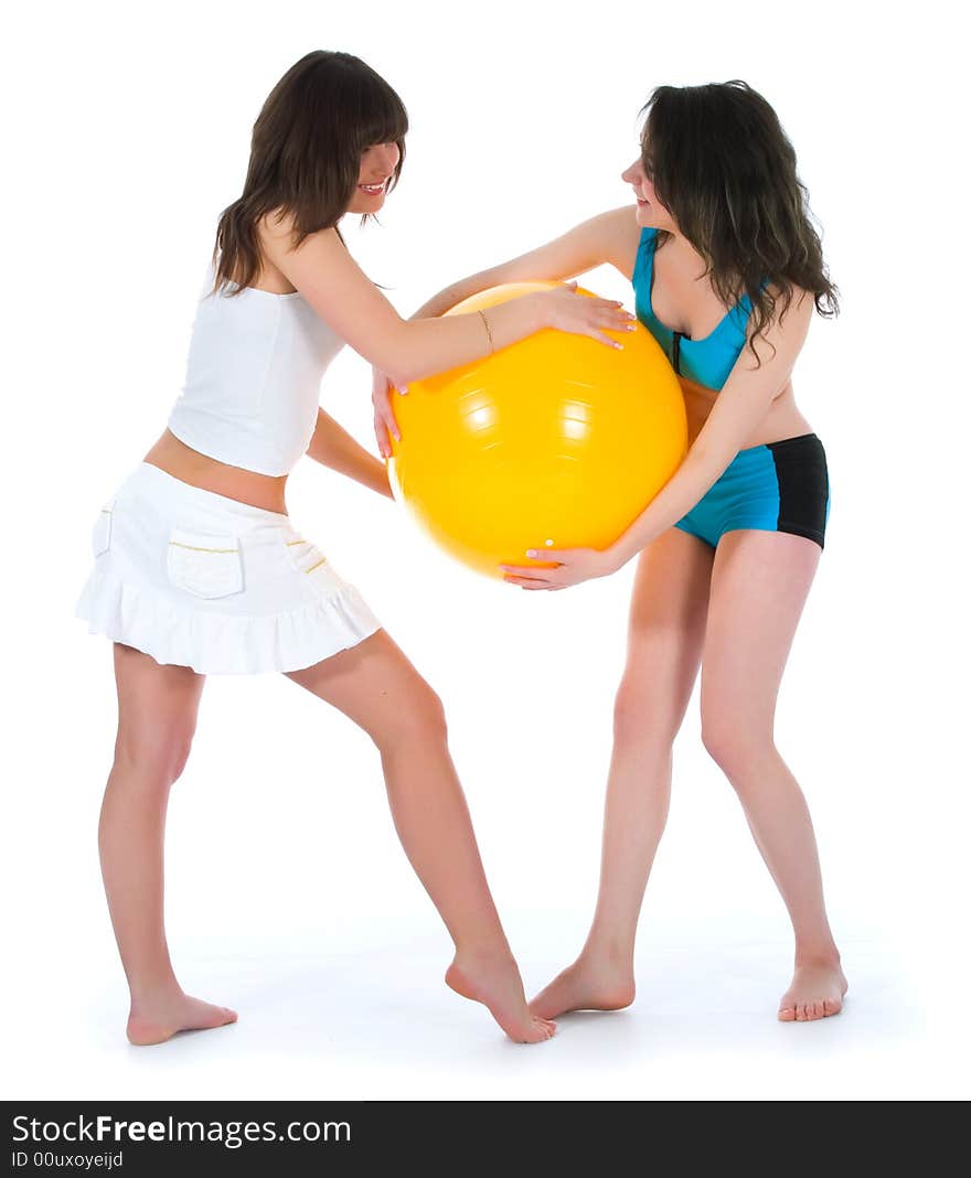 Girls practicing fitness  on  white  background