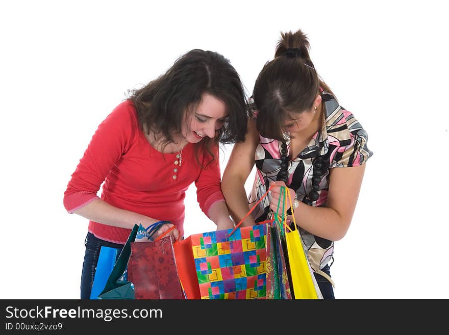 Expressive girls  on white background  shopping. Expressive girls  on white background  shopping