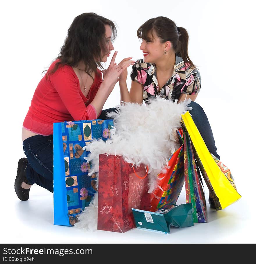 Expressive girls  on white background  shopping. Expressive girls  on white background  shopping