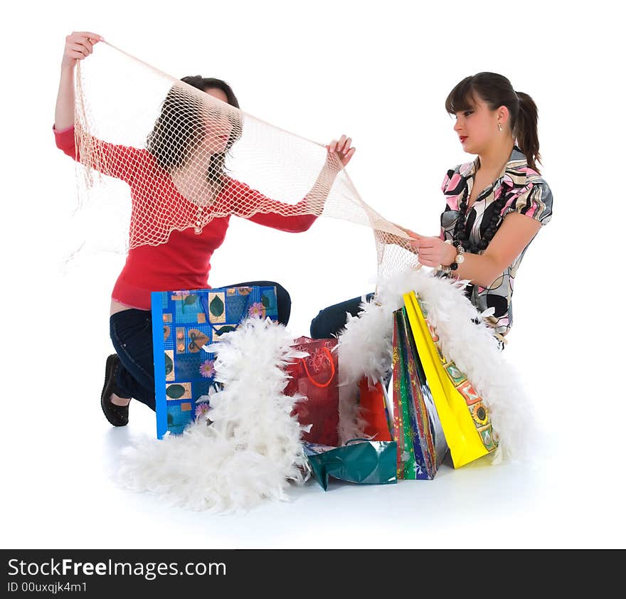 Expressive girls on white background shopping. Expressive girls on white background shopping