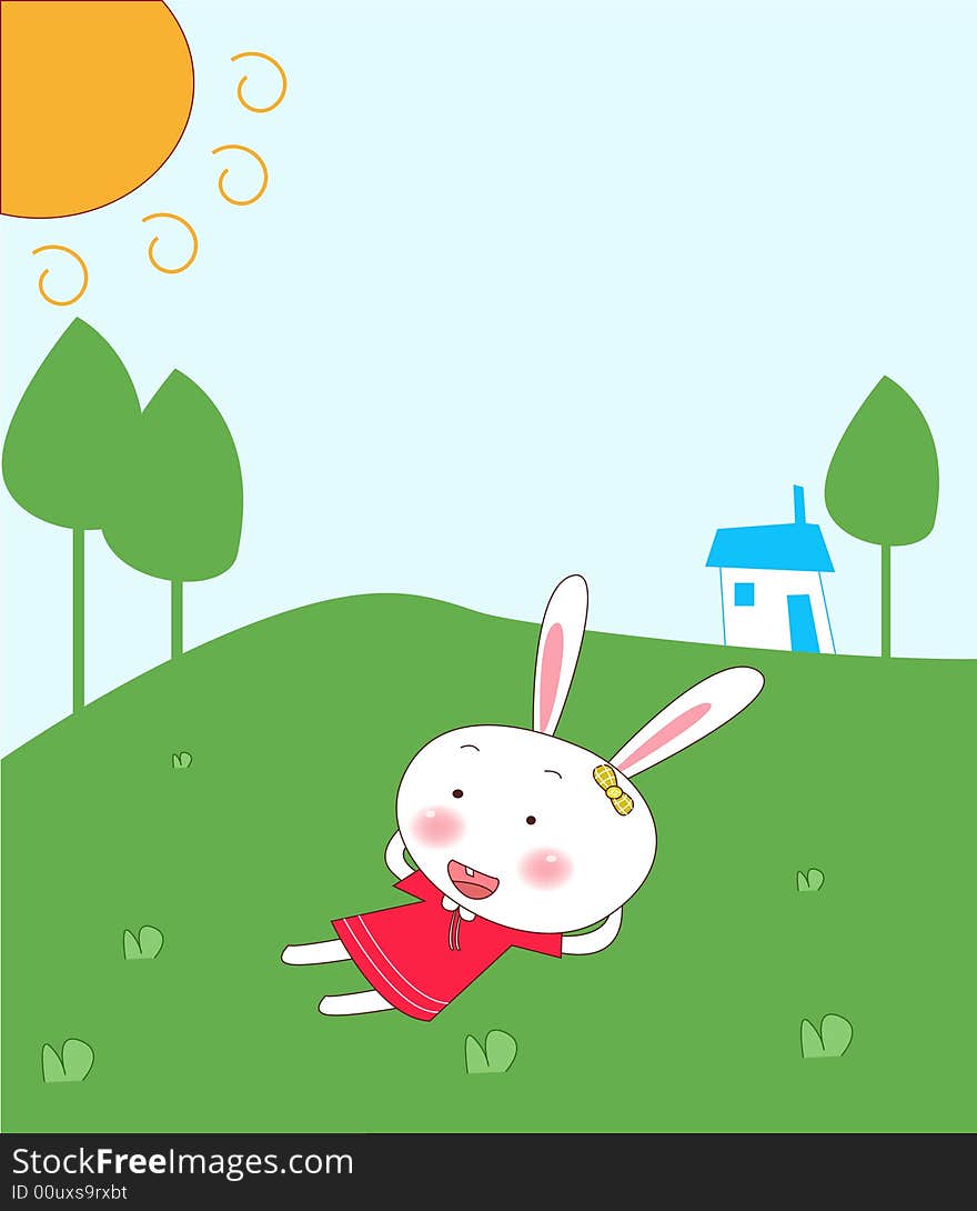 Cute rabbit ,house and sun