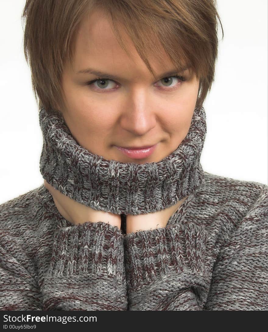 Woman In Gray Polo Neck Sweater