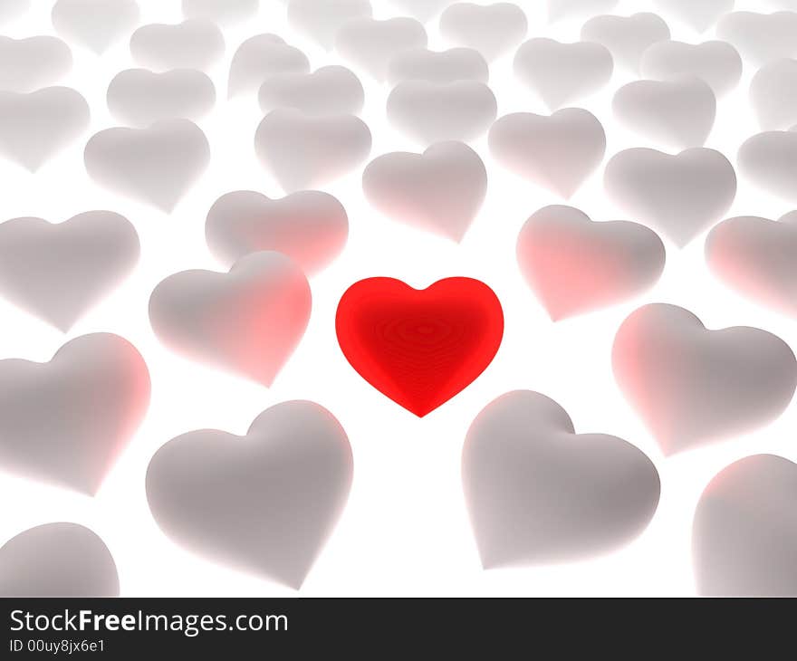 Red heart in a crowd of white hearts