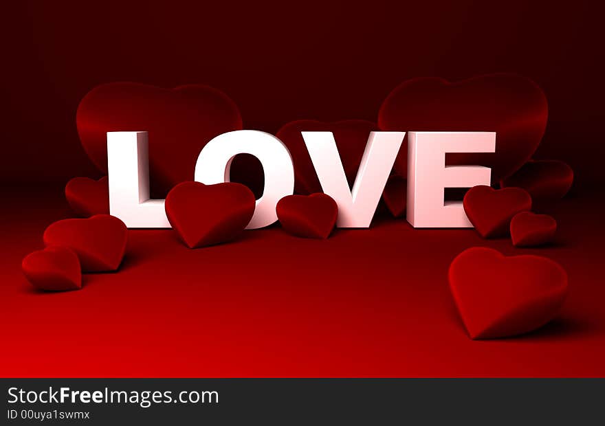 Three dimensional illustration of hearts and LOVE text made with white solid letters on red background.