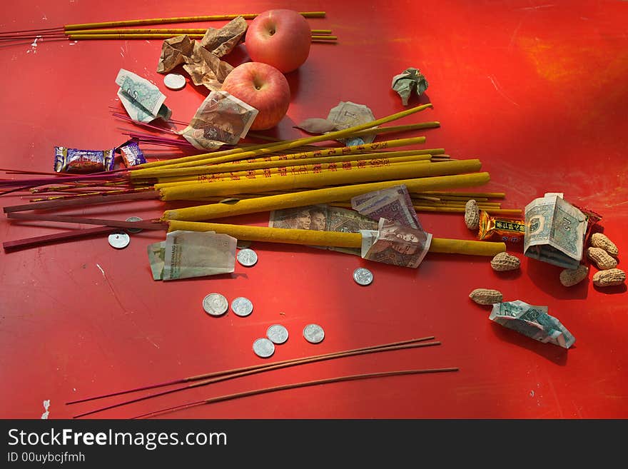 Tributes on a red board. Taken in the temple of Nanhai God, Guangzhou, China.