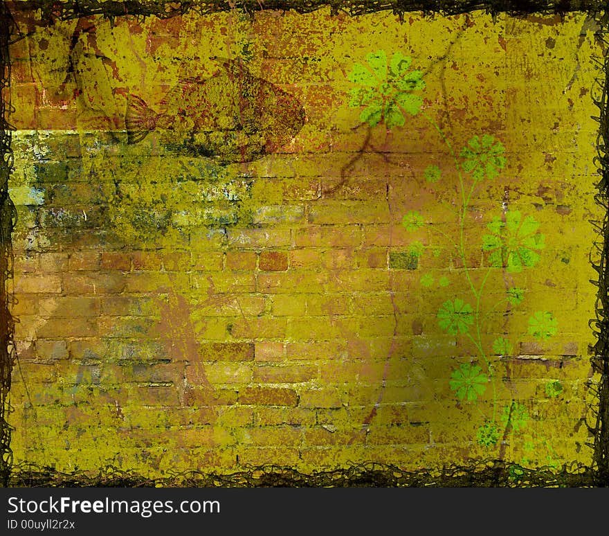 Grunge background with brick and floral. Grunge background with brick and floral