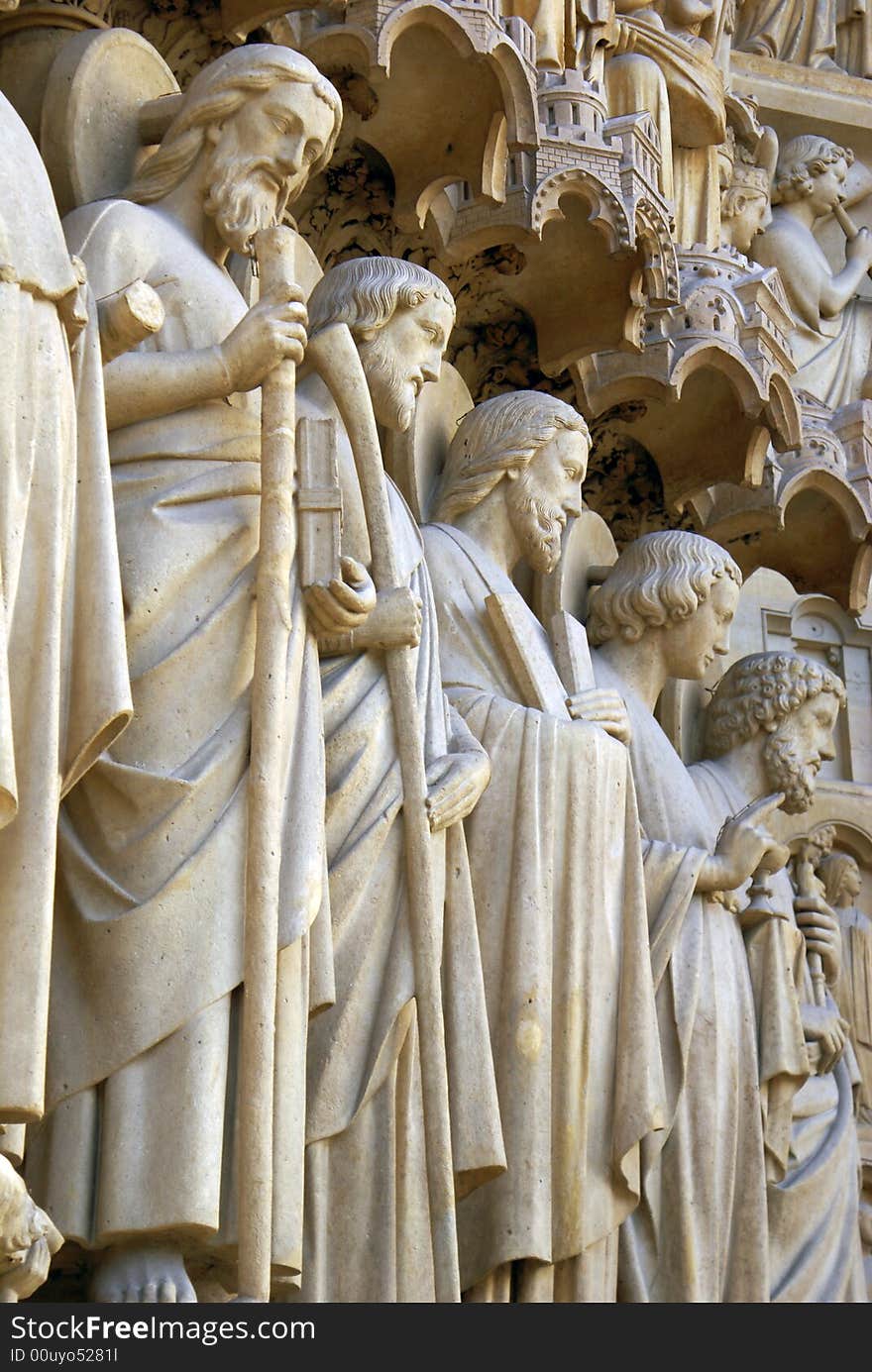 Line of sculptures on the main facade of Notre Dame de Paris. Line of sculptures on the main facade of Notre Dame de Paris