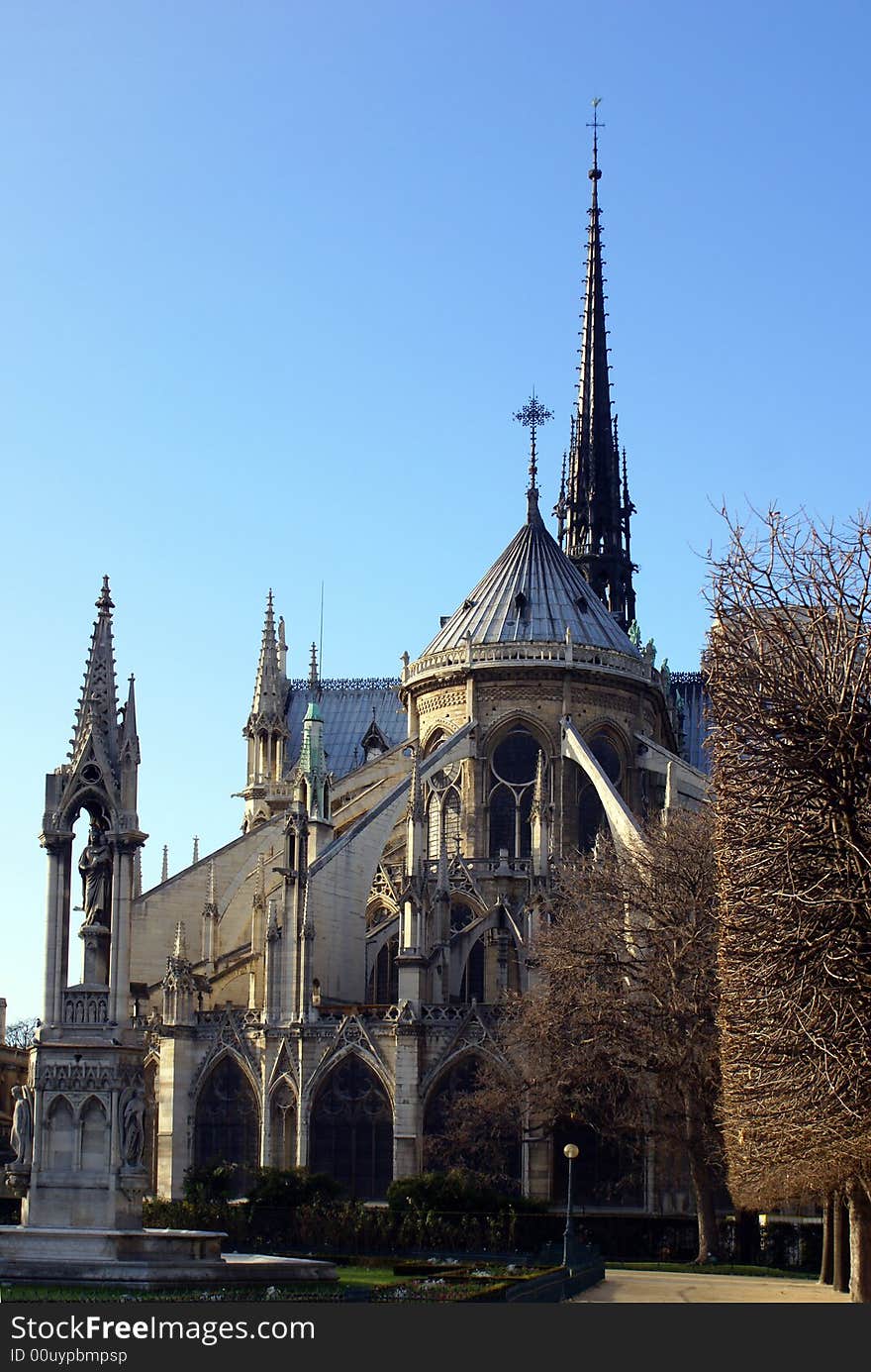 Back facade of Notre Dame de Paris - main cathedral of France