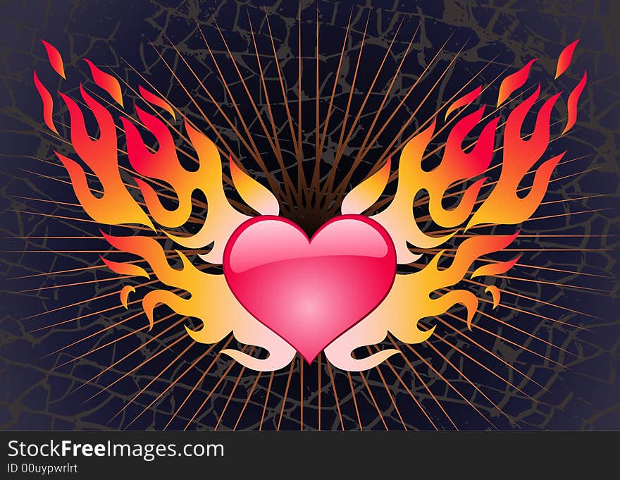 Red heart in a blaze on a dark background