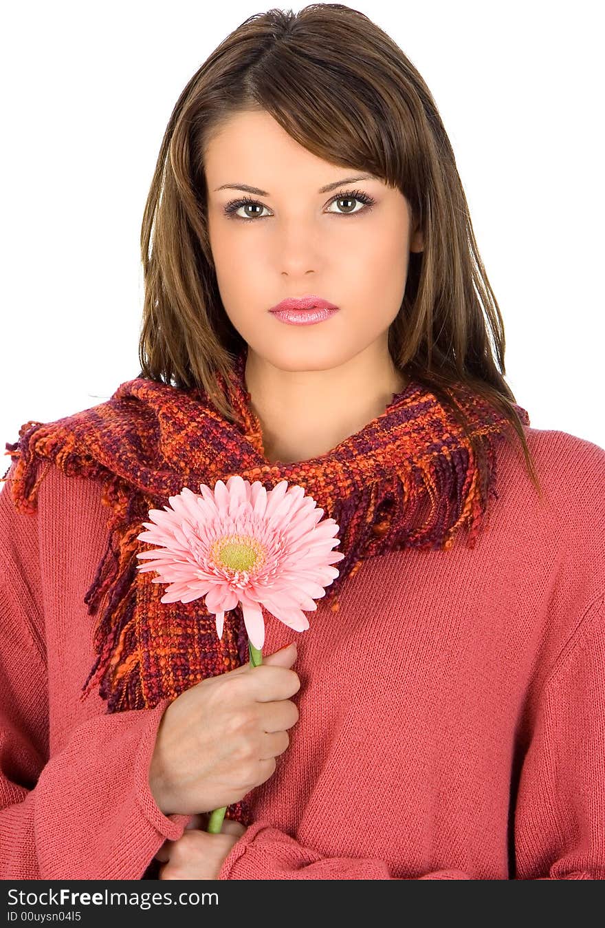 Brunette hold on a flower