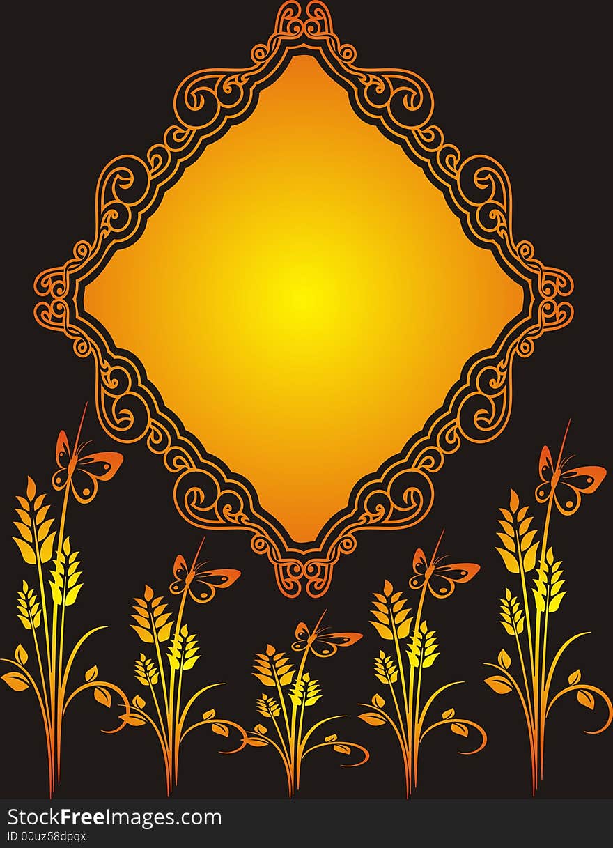 Romantic orange frame on black background - flower and butterfly. Romantic orange frame on black background - flower and butterfly