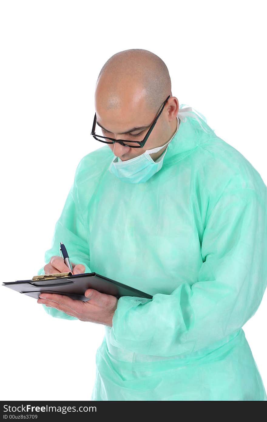 Details an surgeon with documents and pencil