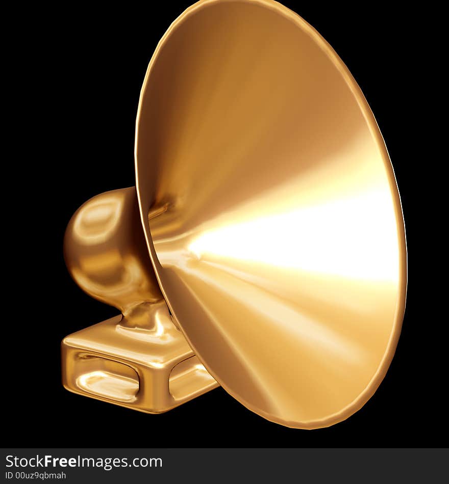 Gold loudspeaker on a black background. 3D image.