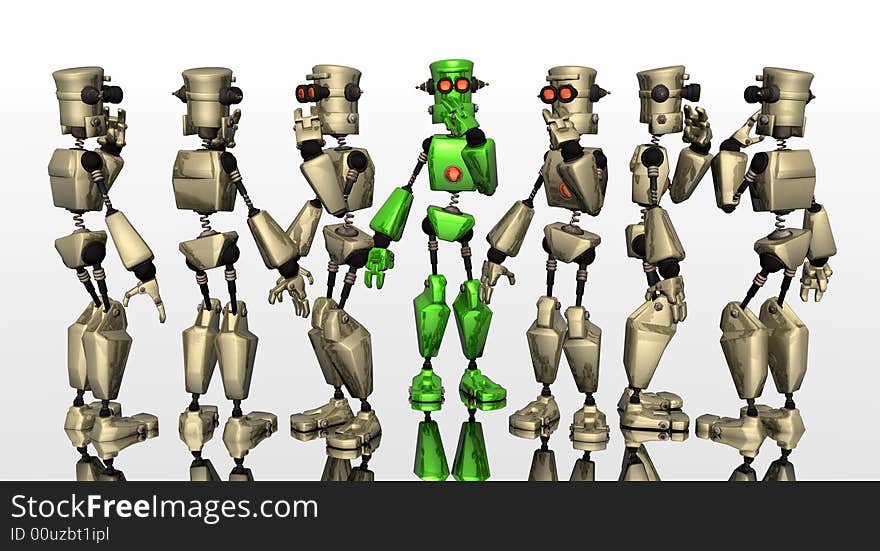 Confused robot group green bot in center