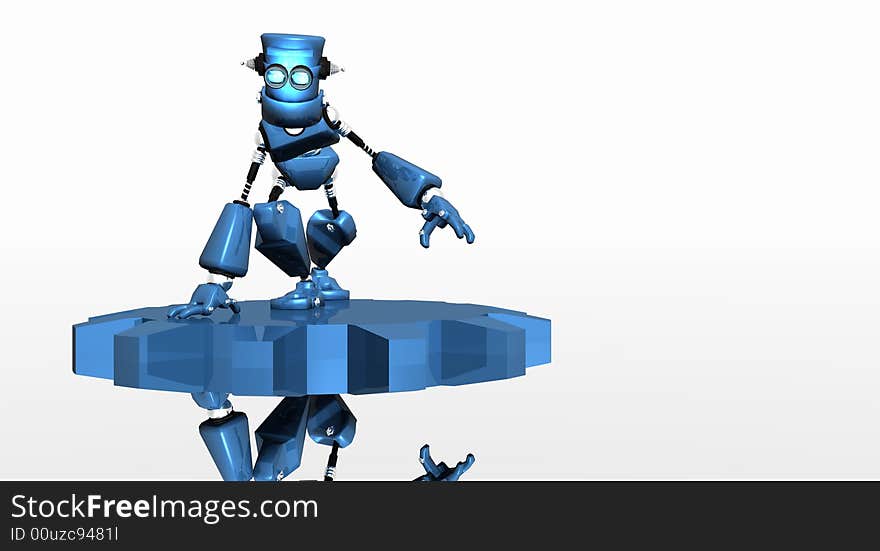 Blue robot on gear 3d render. Blue robot on gear 3d render