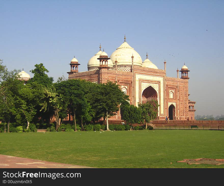 Red marble temple, as a side temple in the Taj Mahal complex. Red marble temple, as a side temple in the Taj Mahal complex