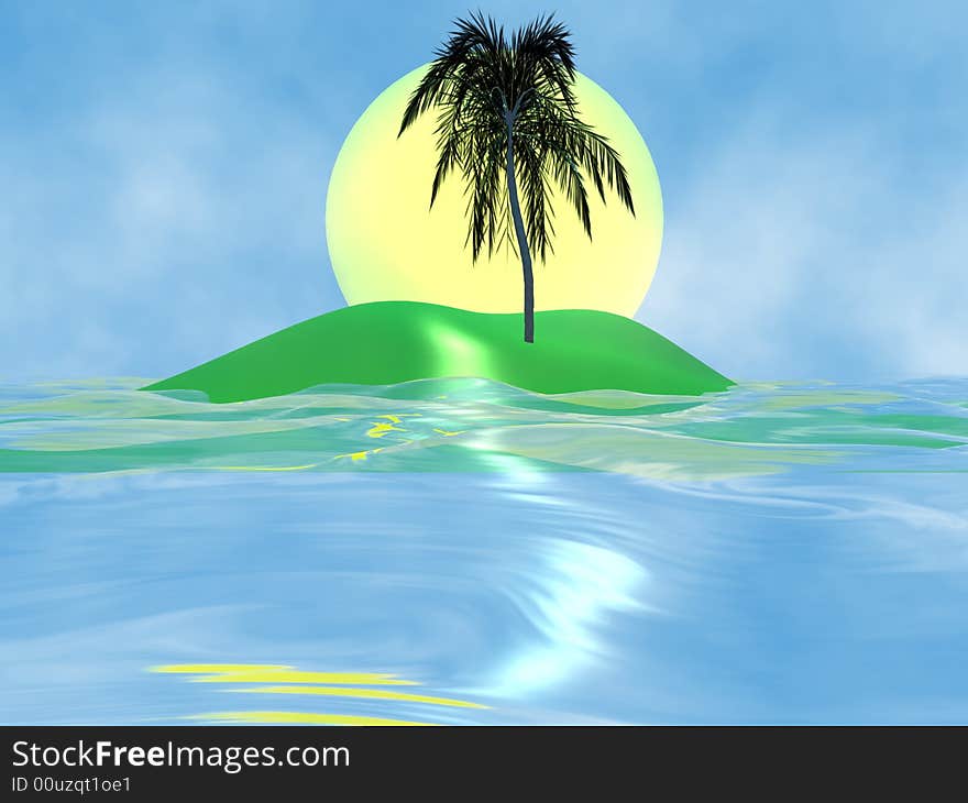 Solar island with a palm tree in the huge dark blue sea