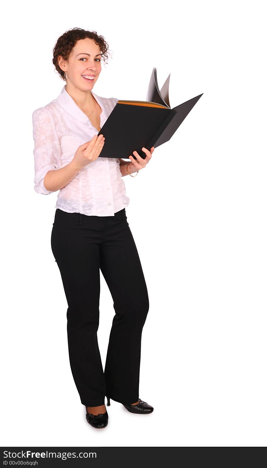 Young woman with black folder on a white