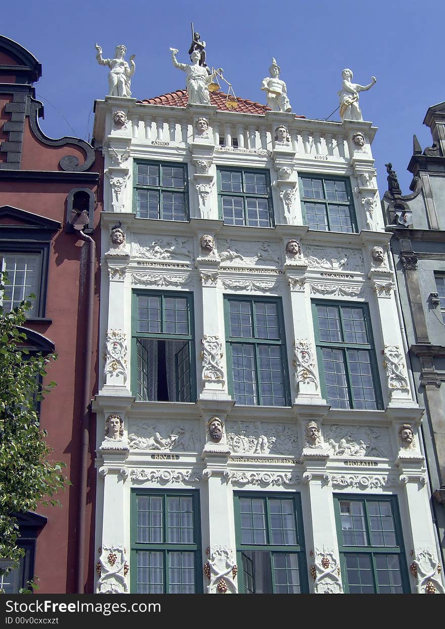 Detail the Golden house in Gdansk, Poland. Detail the Golden house in Gdansk, Poland