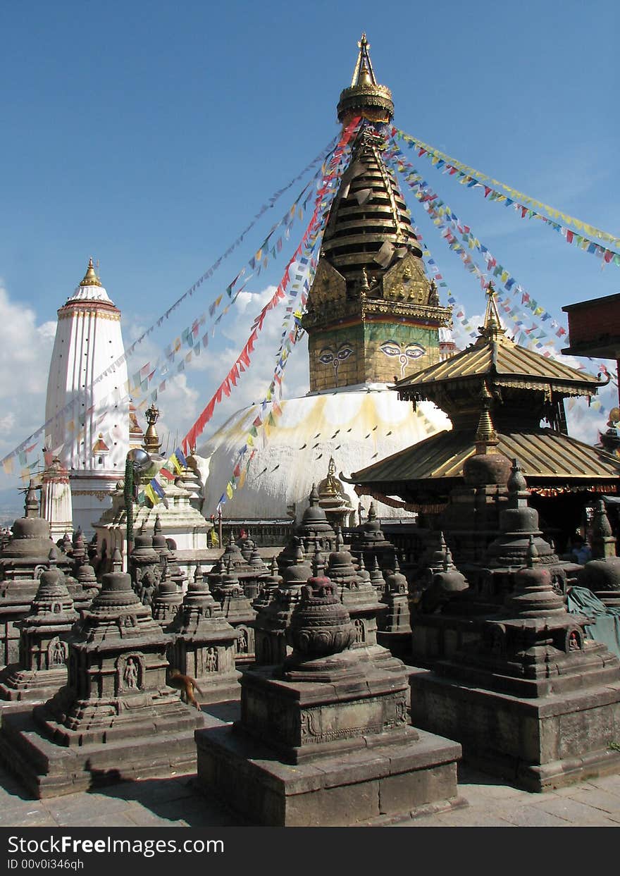 Nepalese stupa -Monkey Tample with colorful prayer flags