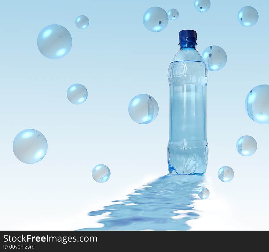 Bottled water over a white-blue background, bubbles