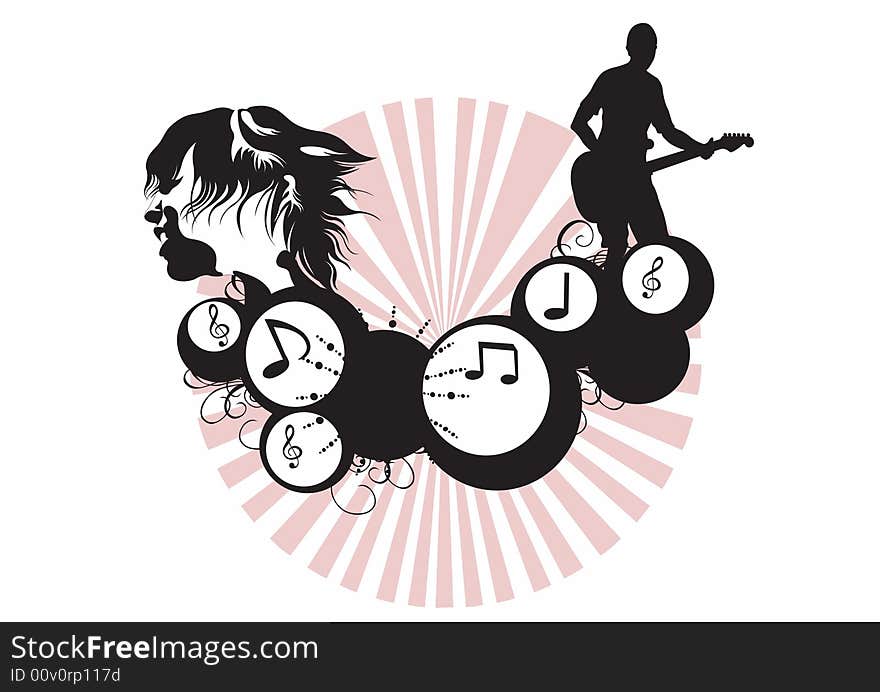 Illustration of a guitarist and decorative patterns. Illustration of a guitarist and decorative patterns