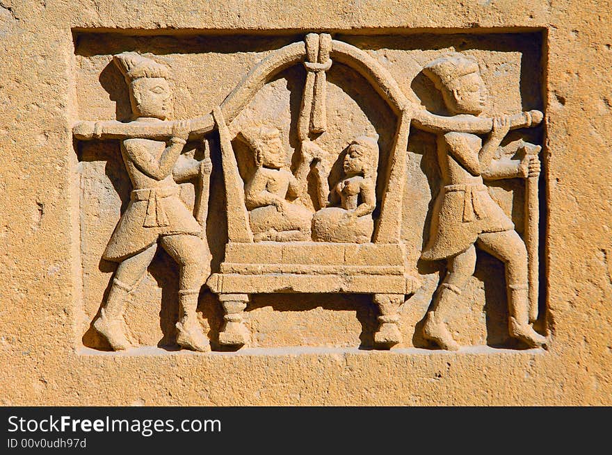 India, Rajasthan, Jaisalmer: small statue in memory of deaths in Cenotaphs