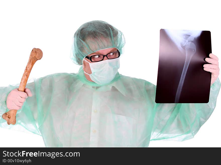 Details surgeon with xray and bone on white background