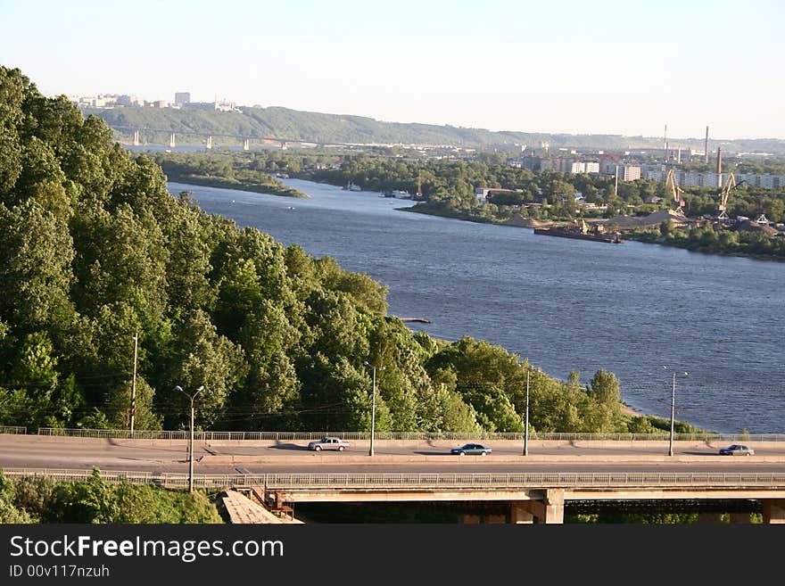 This is a landscape of the city Nizhniy Novgorod. River calls Oka and bridge has name Malitovskiy. This is a landscape of the city Nizhniy Novgorod. River calls Oka and bridge has name Malitovskiy.