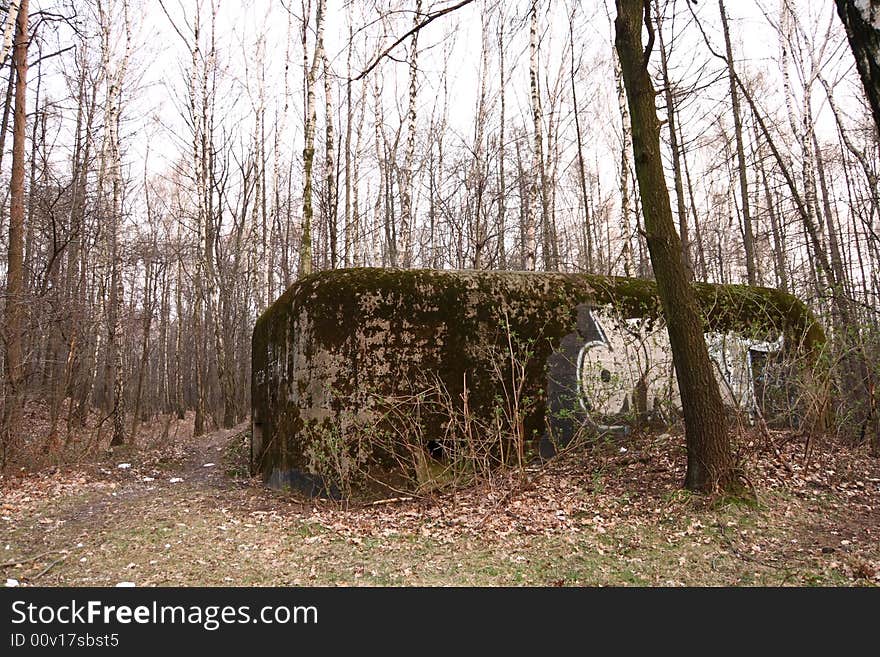 A photo of bunker in the forest.