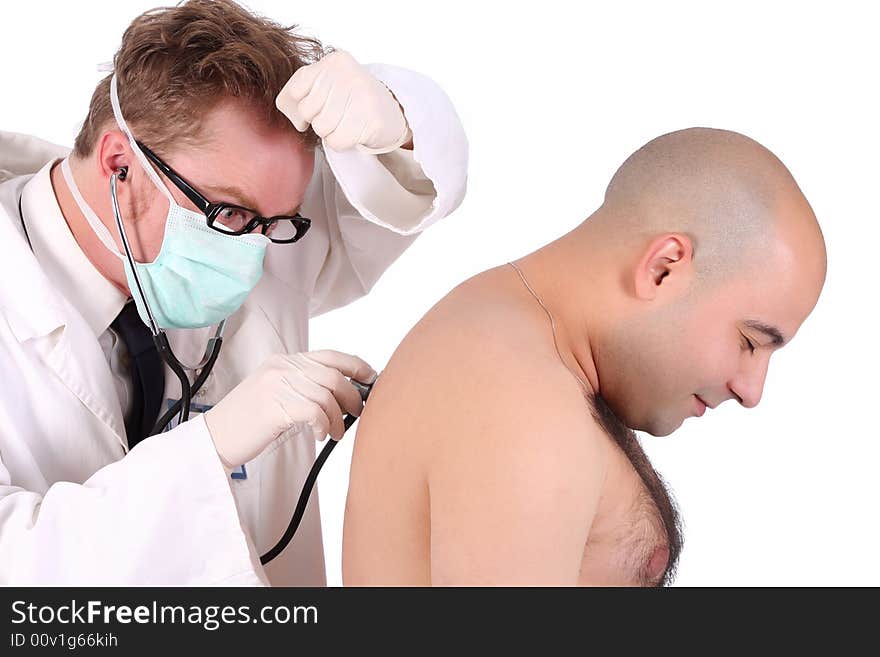 Details funny doctor checking a patient with stethoscope